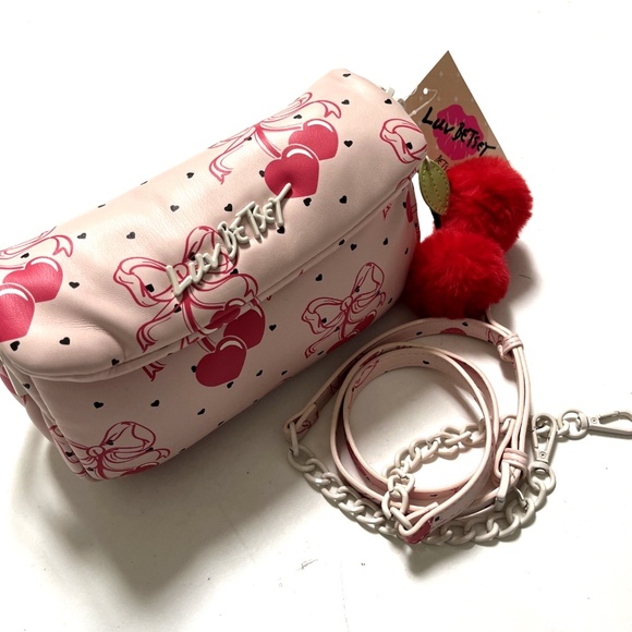 NWT Original BETSEY JOHNSON Cherries Shoulder / Crossbody Bag Pink Furry Charm - Picture 3 of 8